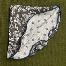 Load image into Gallery viewer, Charcoal Paisley Vine Floret neat print 100% silk reversible pocket round.