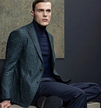 Load image into Gallery viewer, The lux color combination of emerald and navy compliment each other beautifully. We offer this jacket of wool &amp; silk blend.
