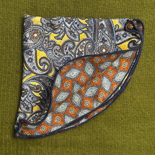 Load image into Gallery viewer, Yellow Exploded Paisley Foulard print 100% silk reversible pocket round.
