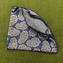 Load image into Gallery viewer, Denim Paisley Links neat print 100% silk pocket round.
