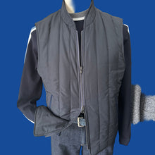 Load image into Gallery viewer, A Fall/Winter wardrobe staple, the light weight quilted vest. Made in Puglia,IT this navy double zip model offers two outside and three interior pockets.
