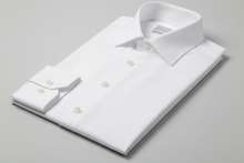 Load image into Gallery viewer, white spread collar dress shirt with mitered cuffs
